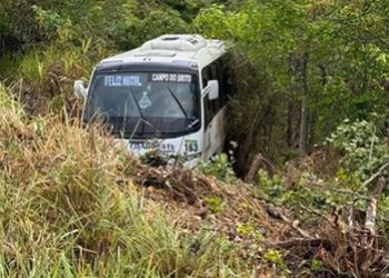 Micro-ônibus do transporte intermunicipal cai em ribanceira após o motorista perder o controle da direção